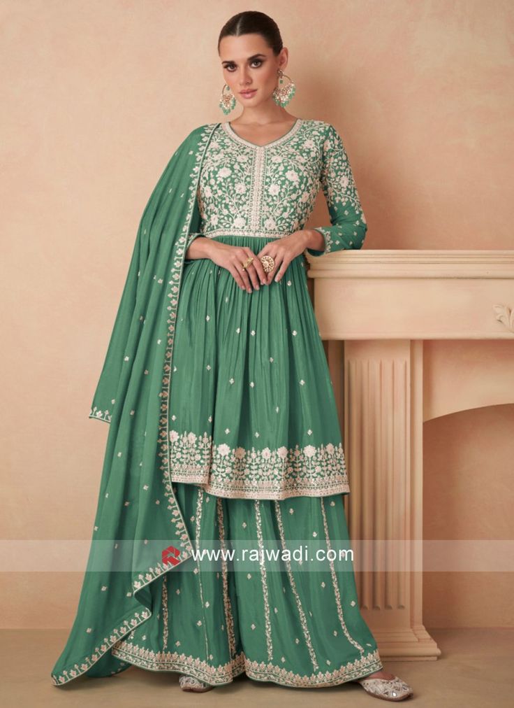 Sea Green Kurta Palazzo Set With Thread Embroidery... Party Wear Suits For Women, Red Gharara, Palazzo Suit Design, Plazo Suit Design, Salwar Suit For Women, Salwar Suit Design, Blue Sharara, Salwar Design, Party Wear Suits