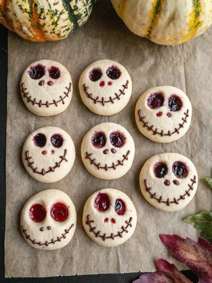 six decorated cookies sitting on top of a piece of paper next to some pumpkins