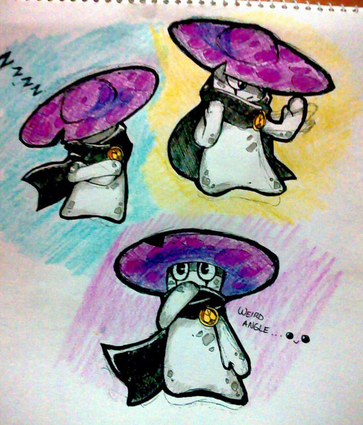 three cartoon characters with purple hats on their heads