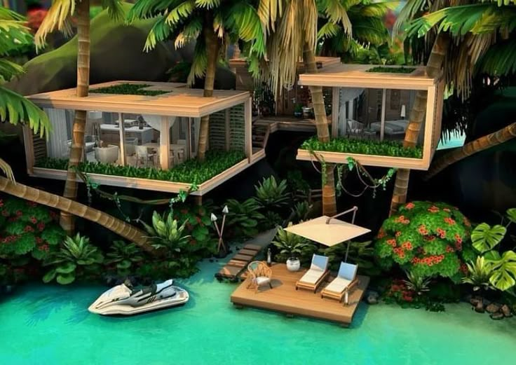 an artist's rendering of two floating houses in the water surrounded by palm trees