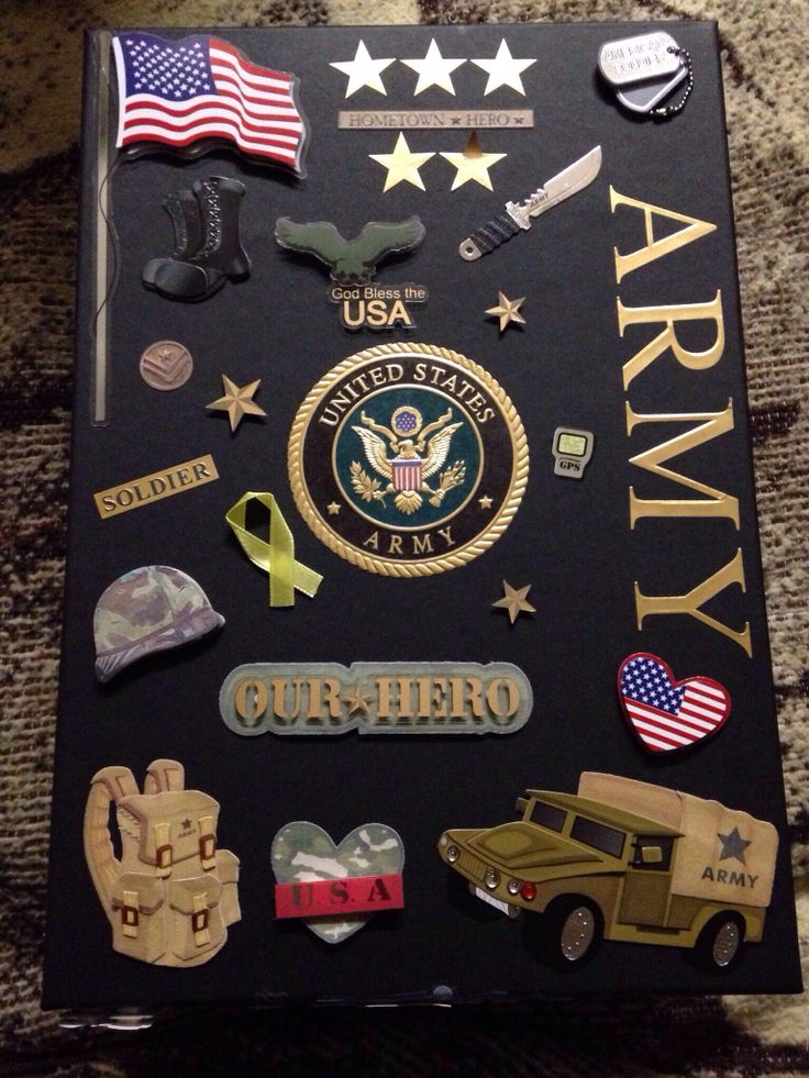 an army book with many different stickers on it