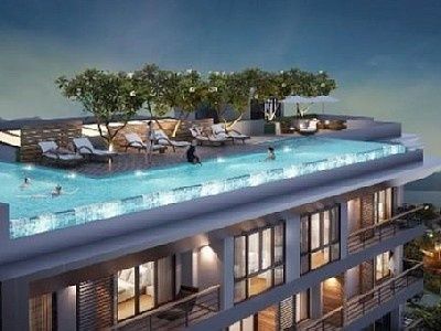 an artist's rendering of the rooftop pool on top of a building at night