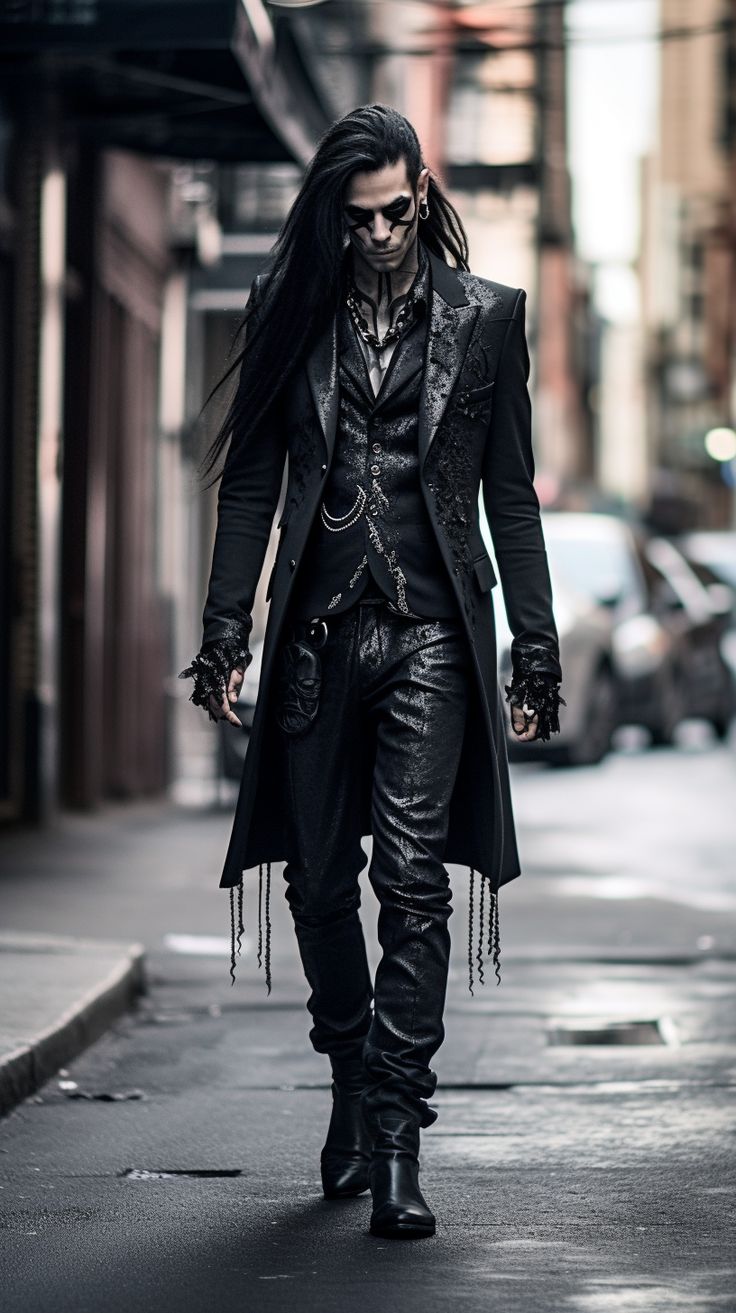 Goth man created with AI by Amanda Church Dark Gothic Clothes Male, Man Gothic Fashion, Goth Wedding Outfit Men, Mens Vampire Outfit, Vampire Aesthetic Outfit Men, Gothic Attire Men, Emo Prom Suit Men, Goth Pirate Outfit Men, Gothic Victorian Clothing Men