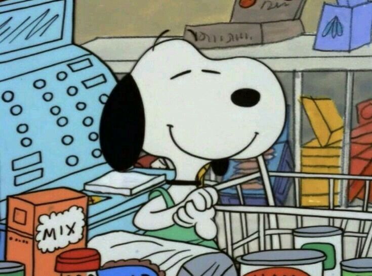 a cartoon dog sitting in front of a shopping cart filled with food and other items