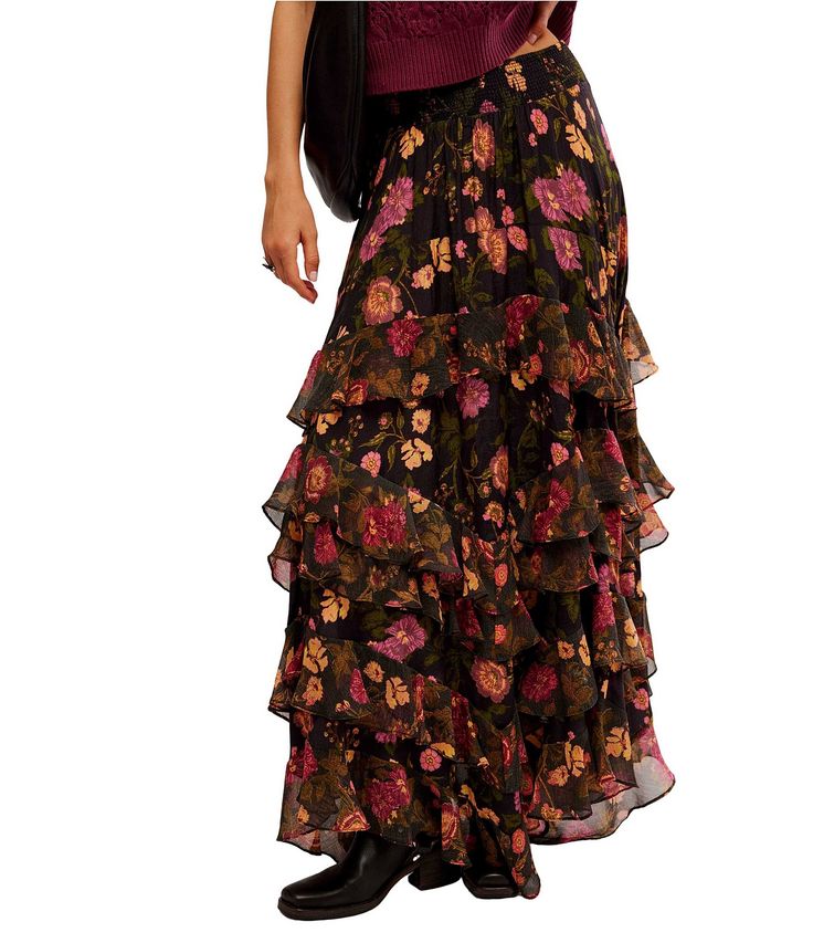 From Free People&#x2C; this skirt features:High riseSmocked waist detailFloral printTiered skirt detailPull-on constructionApprox. 40" lengthViscose/polyesterMachine washImported. Floral Tiered Skirt, Maxi Tiered Skirt, Tiered Maxi Skirt, 2024 Style, Tier Skirt, Tiered Skirt, Dillard's, Black Skirt, Elegant Fashion