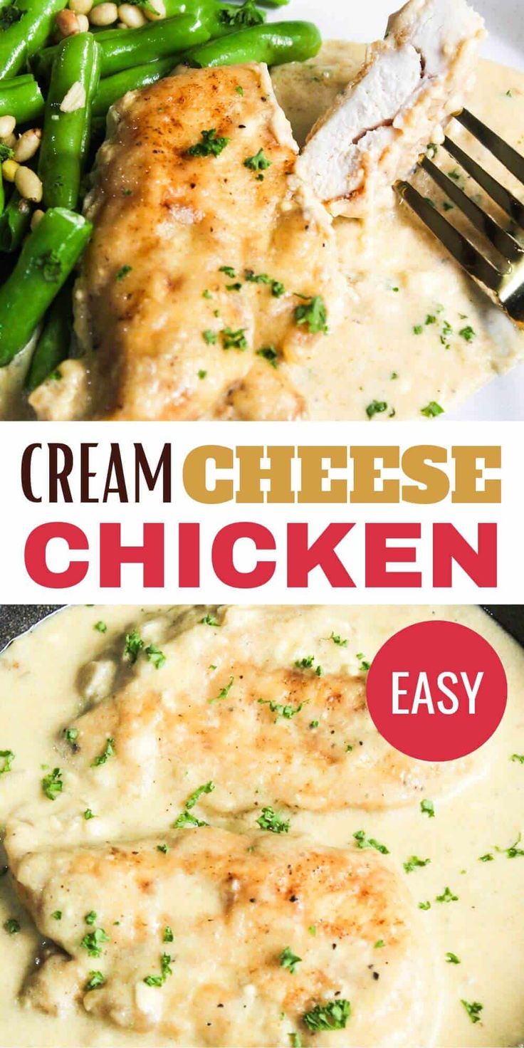 chicken with cream sauce and green beans is shown on the plate, next to an image of