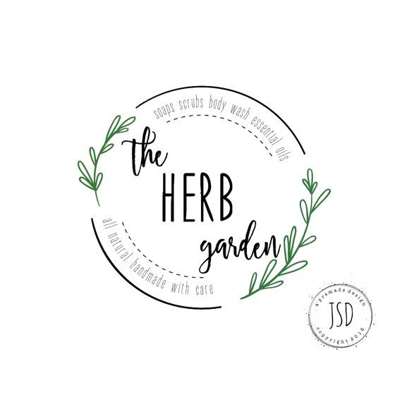 the herb garden logo is shown in black and white, with green leaves on it