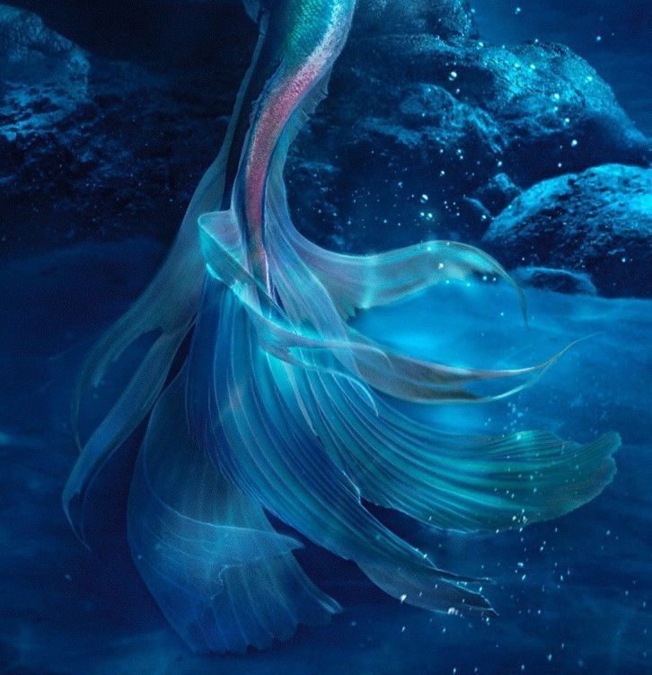 a mermaid with long hair standing in the water, wearing a flowing dress and holding her tail