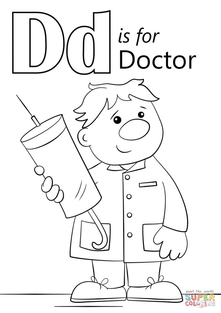 the letter d is for doctor coloring page with an image of a boy holding a cup