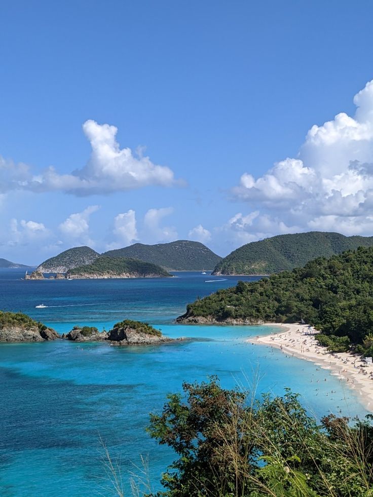 an island with blue water surrounded by trees