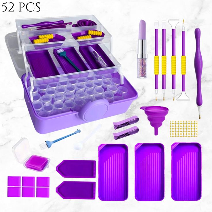 the contents of a purple manicure set are shown with tools in plastic storage cases