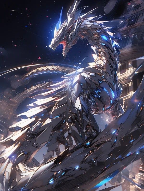 an animated image of a white dragon with blue lights on its body and wings, standing in front of a cityscape