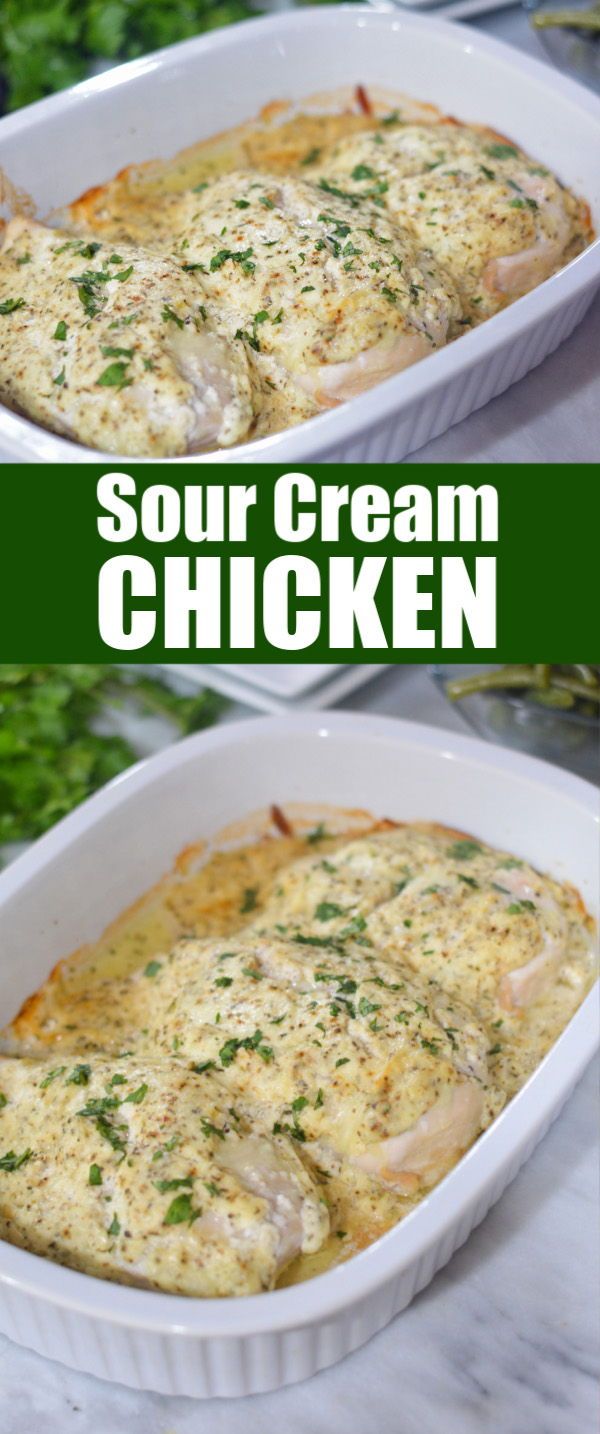 two pictures of chicken in a white casserole dish