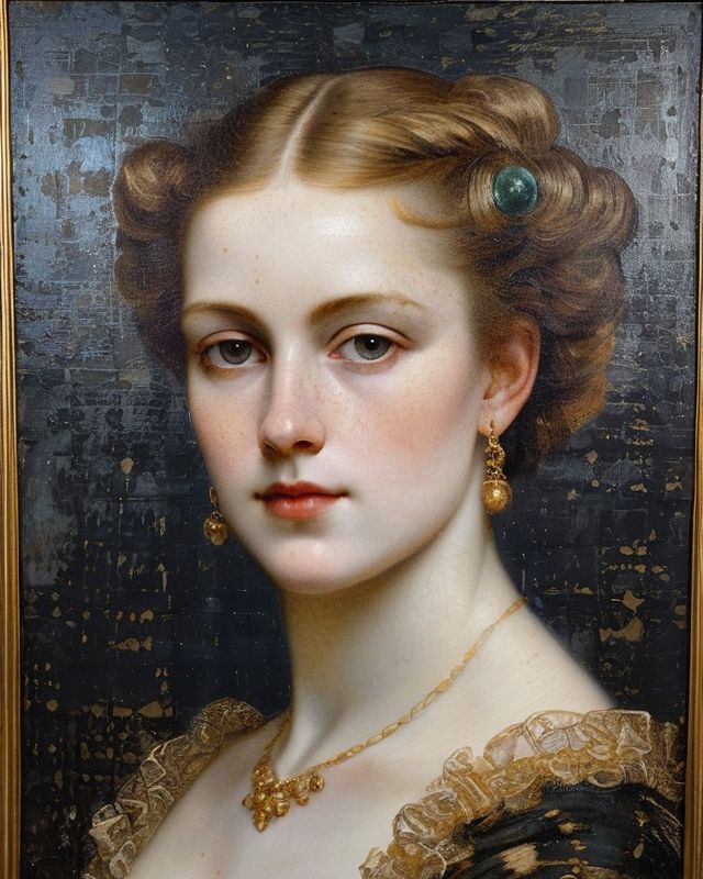 an oil painting of a woman with red hair and blue eyes in a gold frame