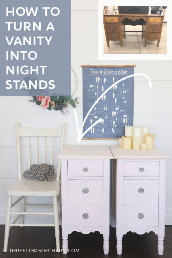 a white desk and chair with the words how to turn a vanity into night stands