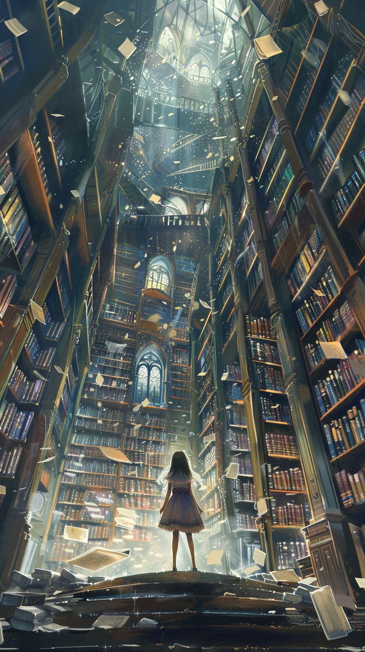 a girl is standing in the middle of a library full of books and looking up into the sky