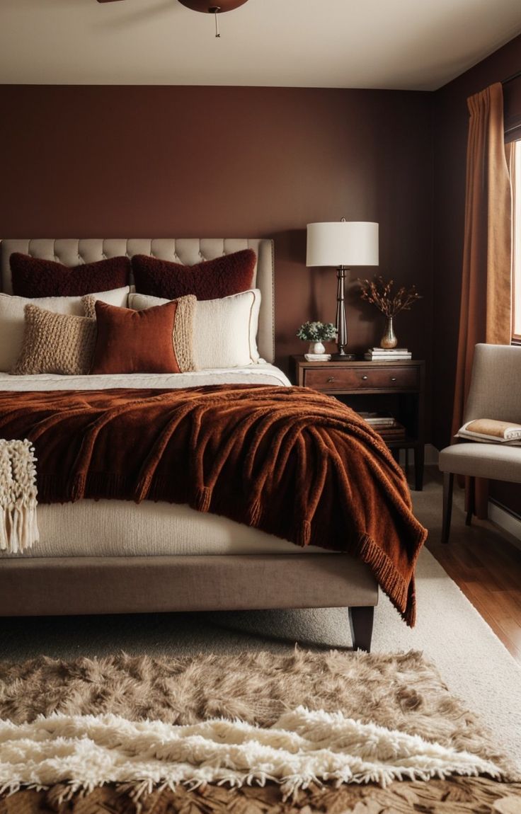 a bedroom with brown walls and white bedding, rugs and pillows on the floor