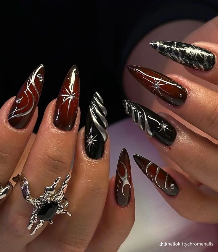 Dark Inspired Nails, Halloween Nails Long Almond, Villain Nails Aesthetic, Black Nails Silver Design, Nail Designs Alt, Bayonetta Nails, Black Red Silver Nails, Black Red And Silver Nails, Nail Ideas Red And Black