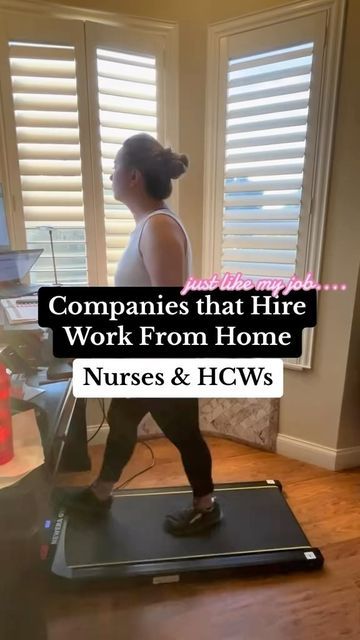 a woman running on a treadmill with the words companies that hire work from home