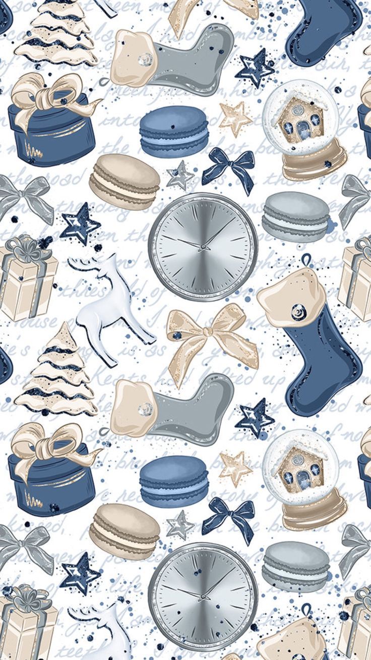 a blue and white background with various items on it