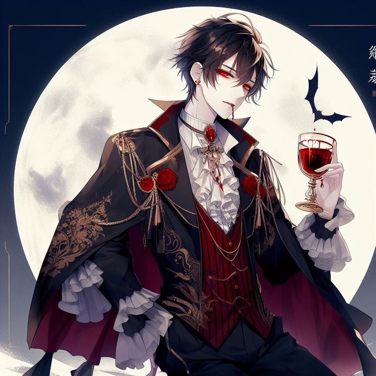 an anime character holding a glass of wine in front of a full moon