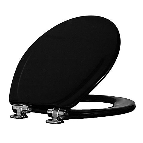 a black toilet seat with two chrome legs