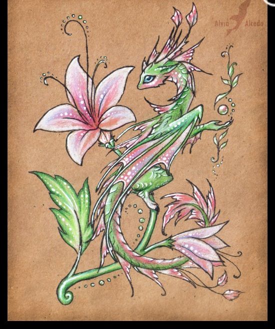 a drawing of a dragon and flower on brown paper