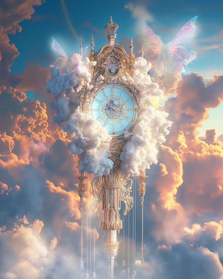 a clock in the sky surrounded by clouds