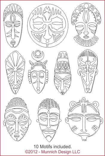 twelve african masks drawn in black and white