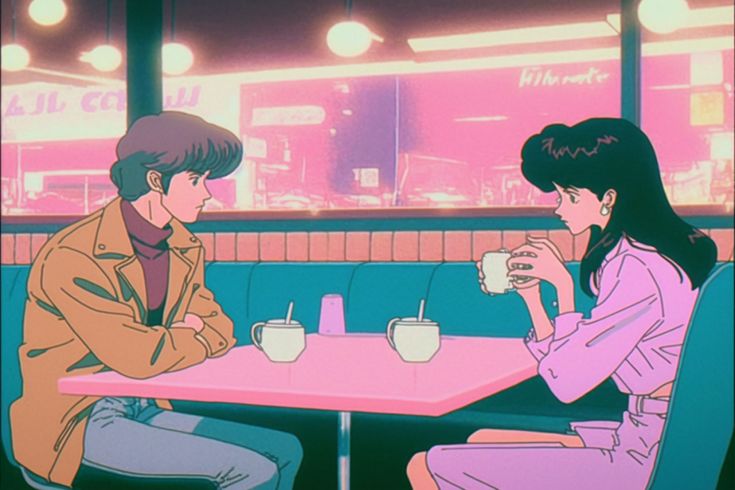 two people sitting at a table drinking coffee