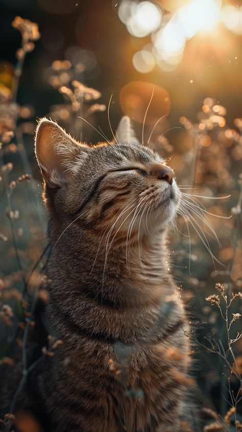 a cat that is sitting in the grass with its eyes closed and it's head up