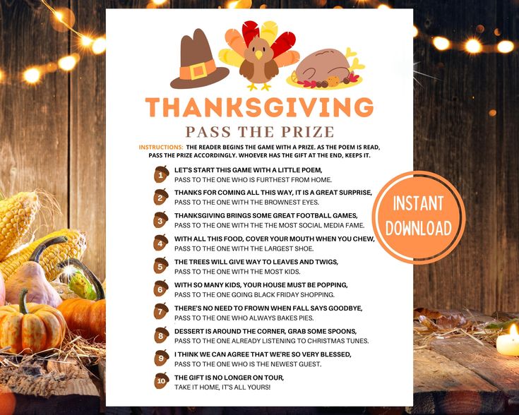 a thanksgiving pass the prize poster with pumpkins and cornucts in front of it