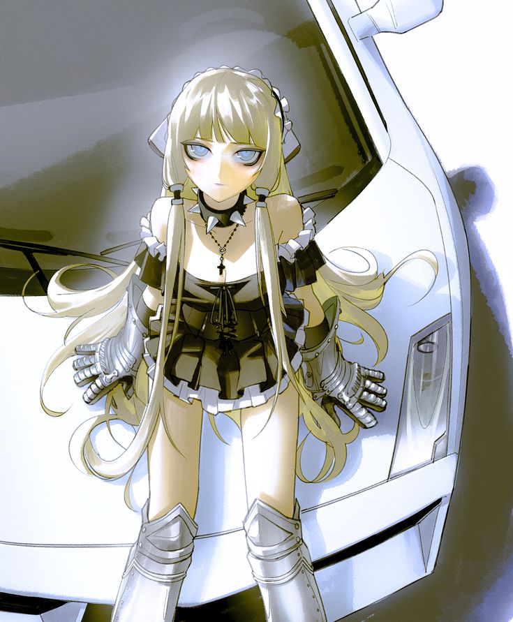 an anime character standing next to a car