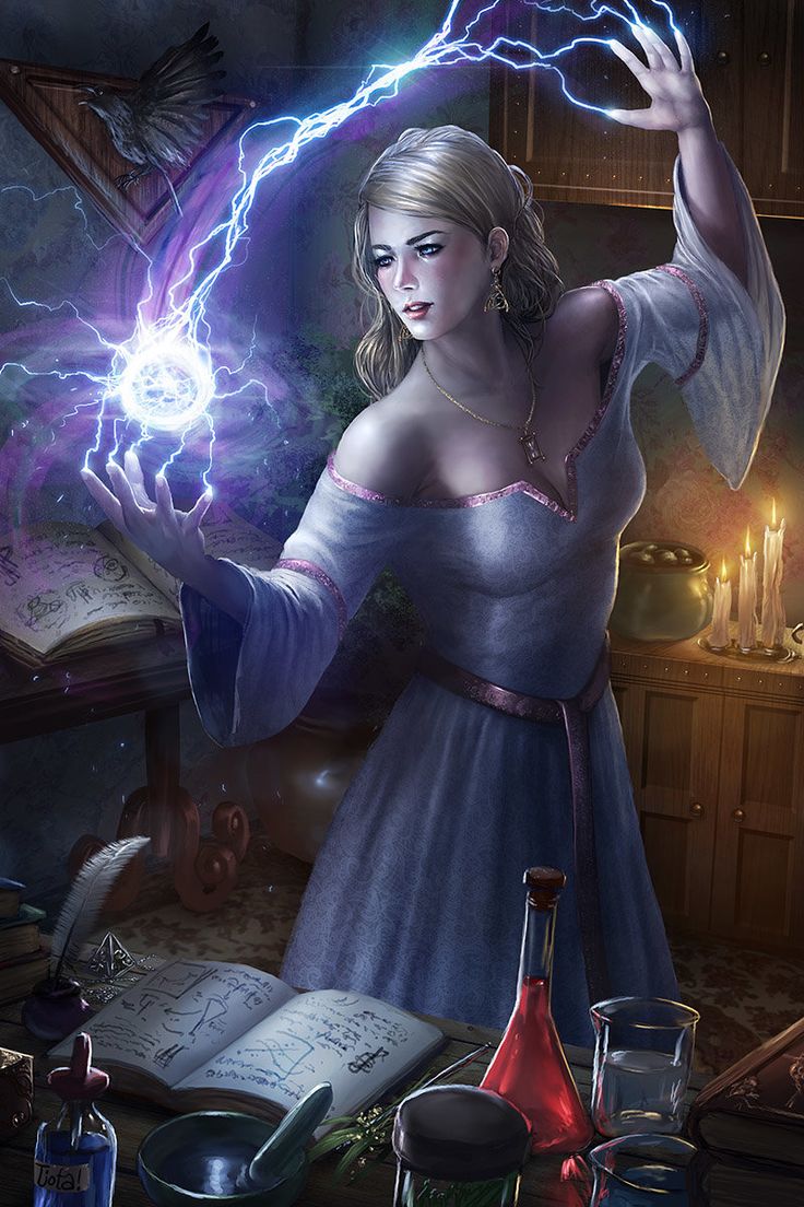 a woman in a blue dress holding a lightening ball with her right hand and lightning coming from her left arm