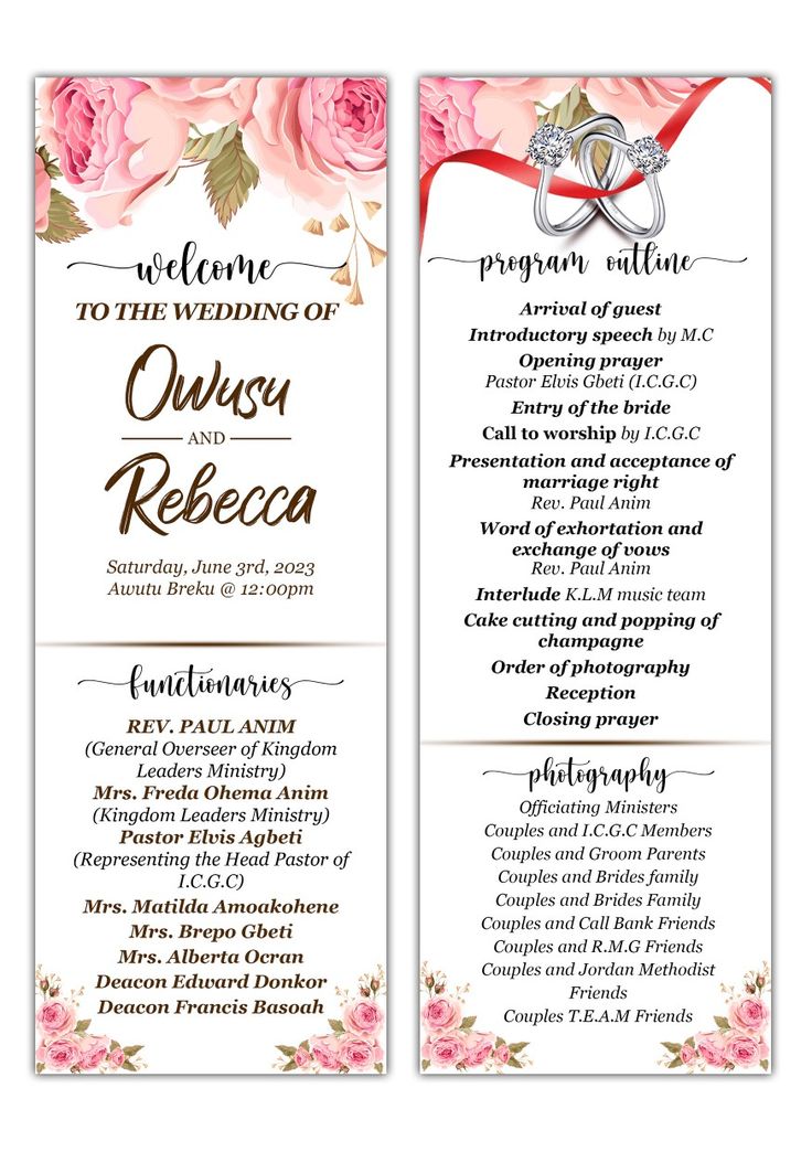 two wedding program cards with pink roses on them