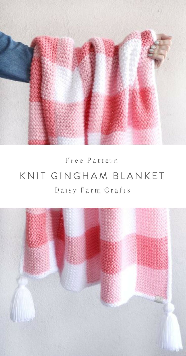 a red and white checkered blanket hanging from a hook with the text free pattern knit gingham blanket daily farm crafts