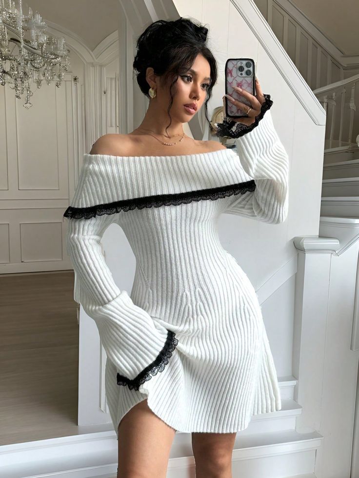 Women's Spring And Autumn Elegant Off Shoulder Contrast Color Lace Flared Sleeve Sweater Dress Apricot Casual  Long Sleeve Fabric Colorblock,Plain,Striped  Non-Stretch  Women Clothing, size features are:Bust: ,Length: ,Sleeve Length: Fall Dresses Black Women, Short Sweater Dress, Flare Sleeve Sweater, Plus Size Art, Short Sweater, Fall Maternity, Long Bodycon Dress, School Dresses, Maternity Shoot