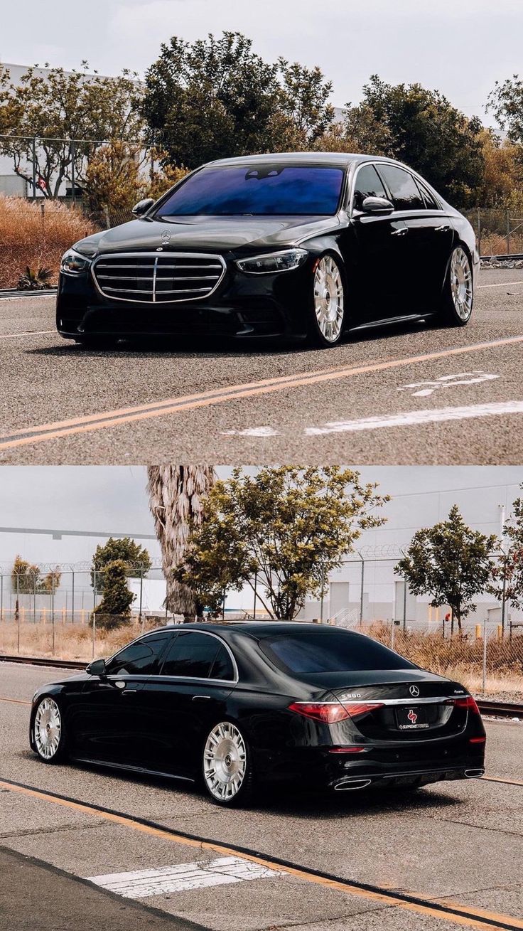 two different shots of a black car on the street