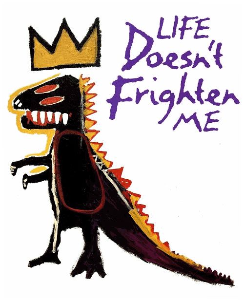 a drawing of a dinosaur with a crown on it's head and the words life doesn't frisker me