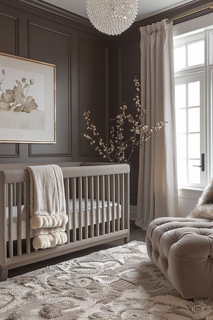 a baby's room is decorated in neutral colors