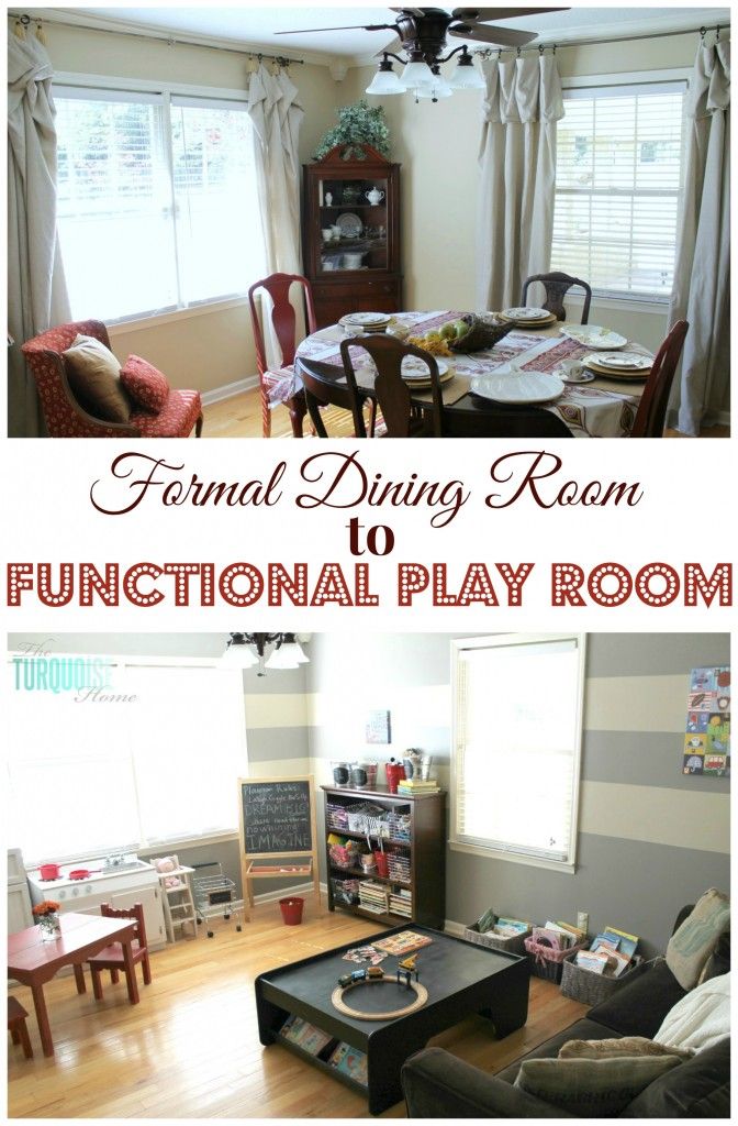 a living room filled with furniture and a table in front of a large window that reads formal dining room functional play room