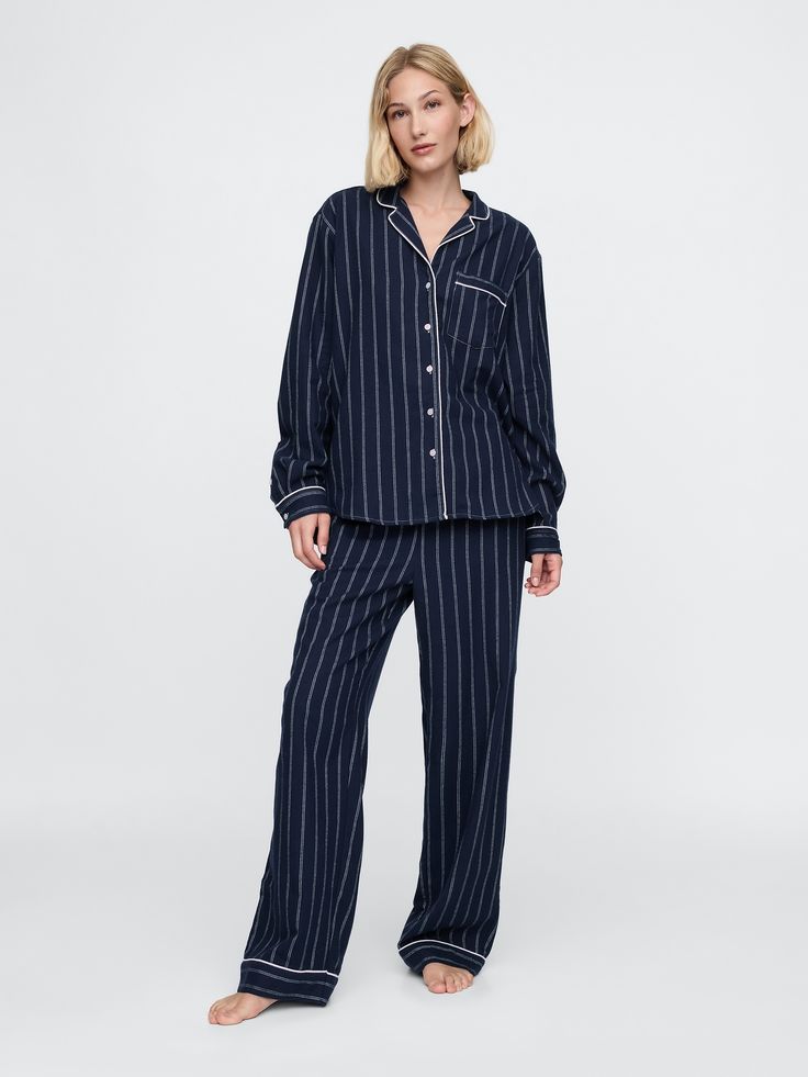 Flannel PJ Set | Gap Easy Silhouette, Blue Flannel, Slim Fit Casual Shirts, Striped Pyjamas, Stripe Long Sleeve, Flannel Pajamas, Pj Pants, Chunky Knitwear, Notch Collar