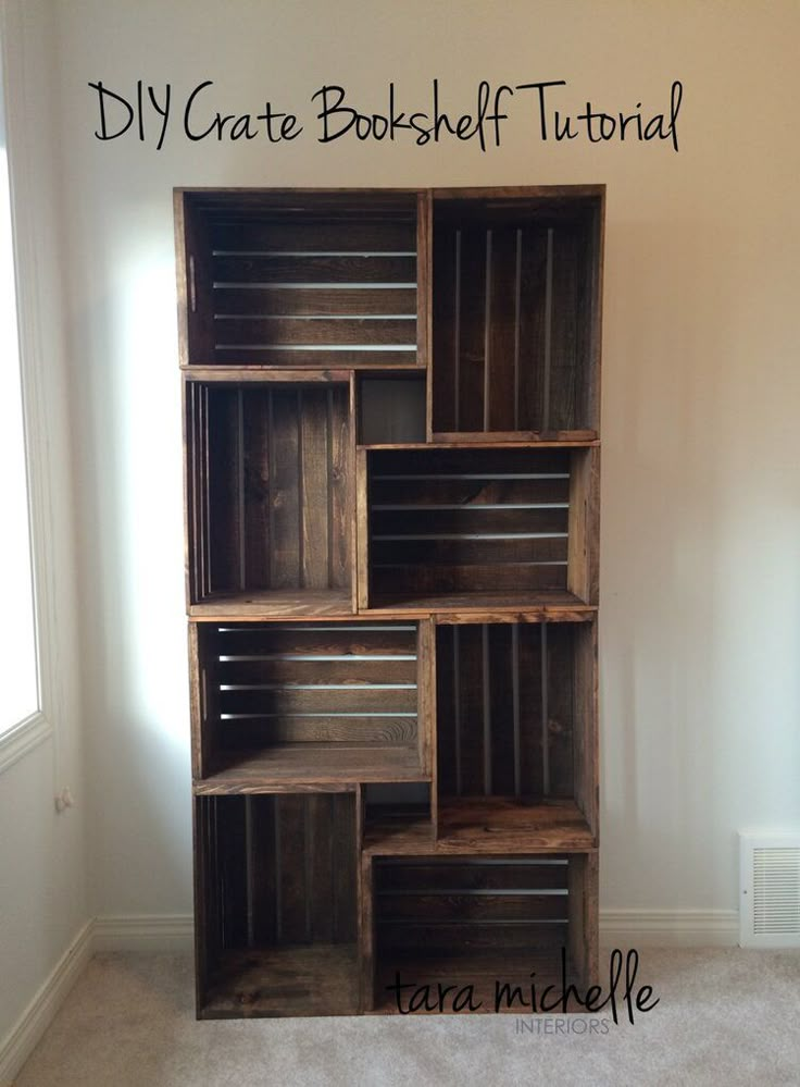 a book shelf made out of wooden crates with the words diy crate bookshelf tutor