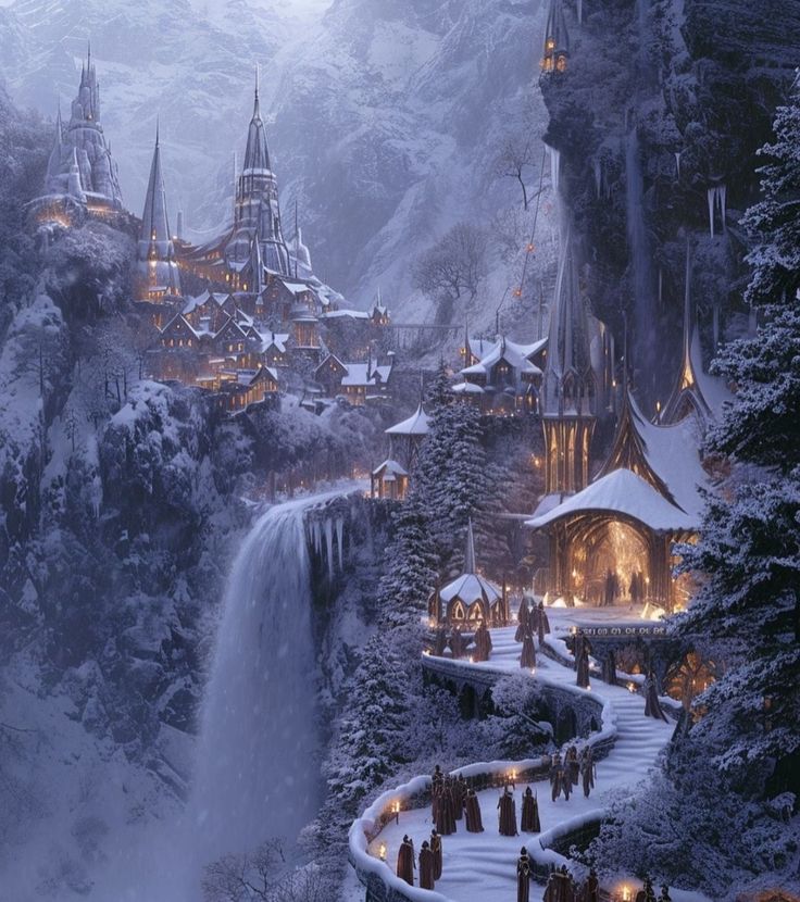 an image of a fantasy castle in the snow with waterfall and people walking around it