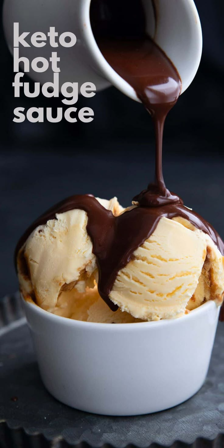 a scoop of ice cream is being drizzled with chocolate sauce on top