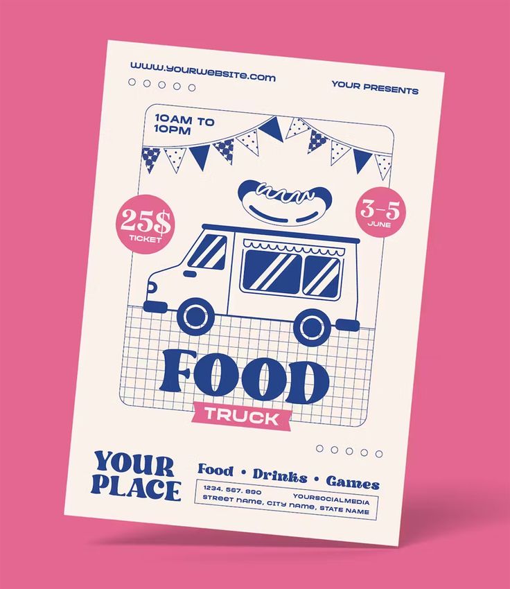 a food truck flyer is shown on a pink background