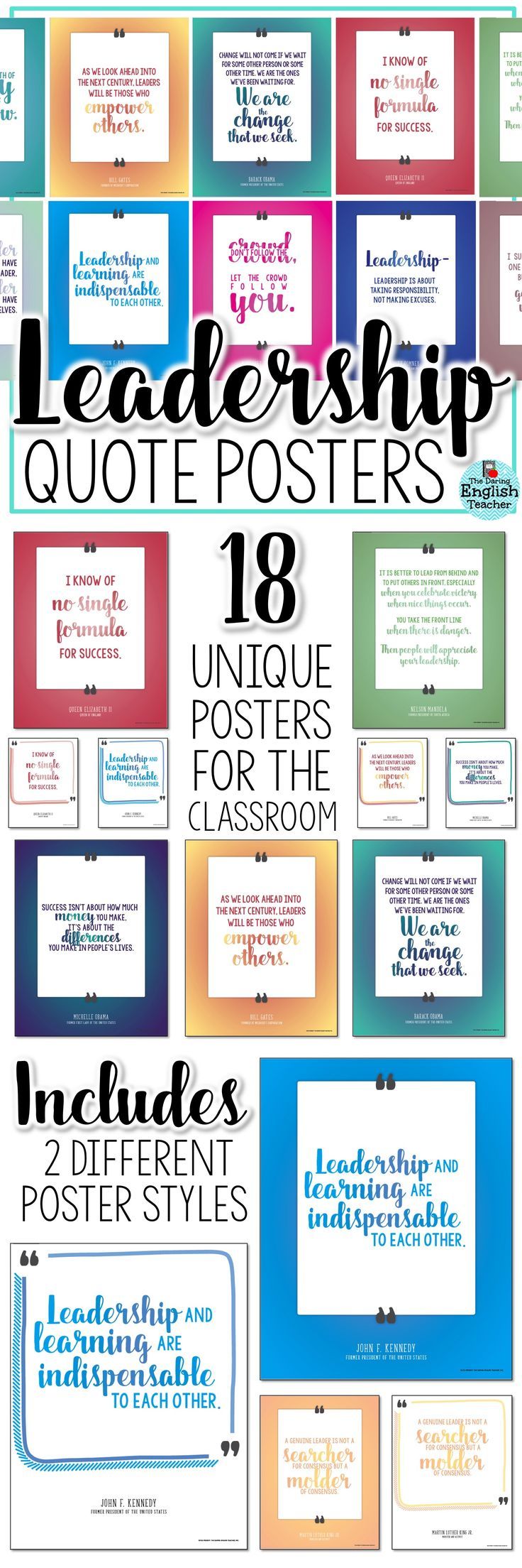 Leadership quote posters for the classroom. Decorate your high school or middle school classroom with these leadership quote posters. Each poster includes an inspirational quote about leadership from influential world leaders. #classroomdecor #leadershipposter #classroomposters #quoteposter Coolest Classrooms, Quotes Classroom, Classroom Vibes, Quotes About Art, Technology Classroom, Kitchen Wall Quotes, Teacher Morale, Middle School Science Classroom, Student Leadership