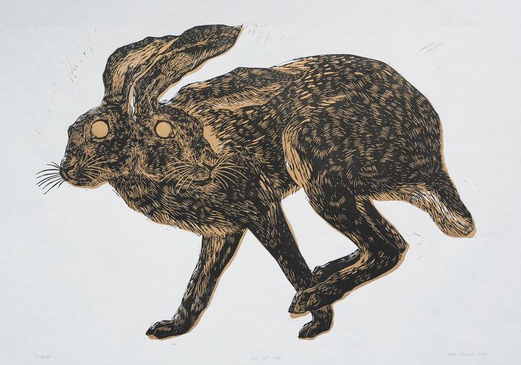 a drawing of a brown and black rabbit