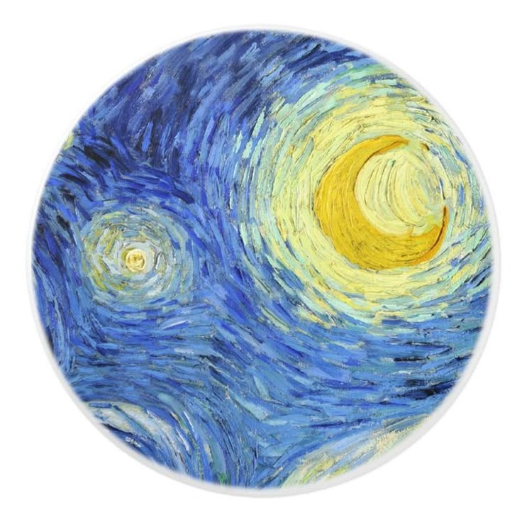 the starry night van gogh painting is shown in a circular glass plate with yellow and blue swirls