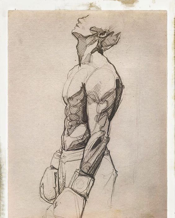 a drawing of a man standing with his back to the camera